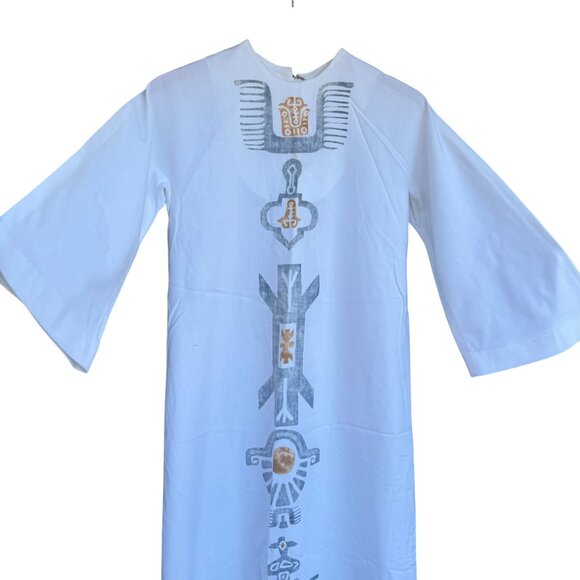 Maxi Dress Cultural Ethnic Native Print 3/4 Sleeves White Gray Back Zip Vtg 60s - Picture 7 of 16